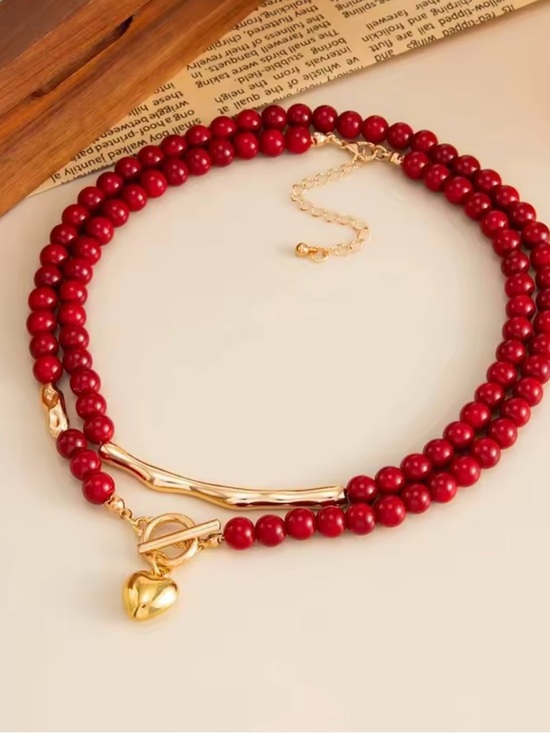 The Unbranded Brand Jewelry - Red Beaded Double layer Set  Necklace with Gold Heart Accent 2 necklaces